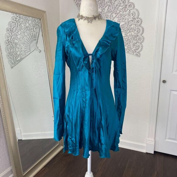 Deadstock Frederick's Of Hollywood Teal Ethereal Frilly Ruffle Silk Dress Top M - Picture 2 of 8
